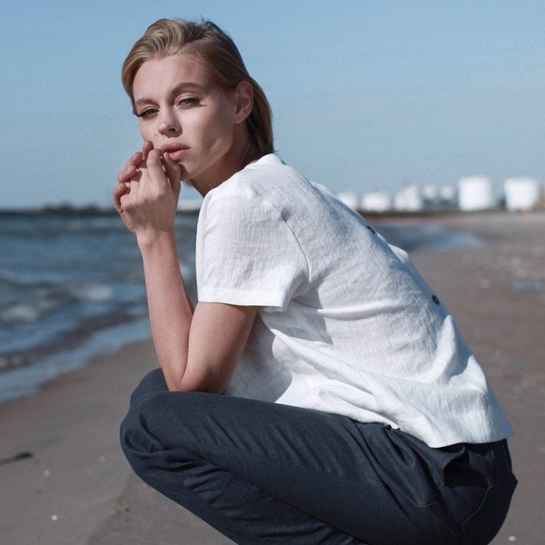 Off White Linen Top With Buttons, Linen Shirt With Buttons In Back, Back Buttoned Linen Blouse, Loose Summer Linen Top