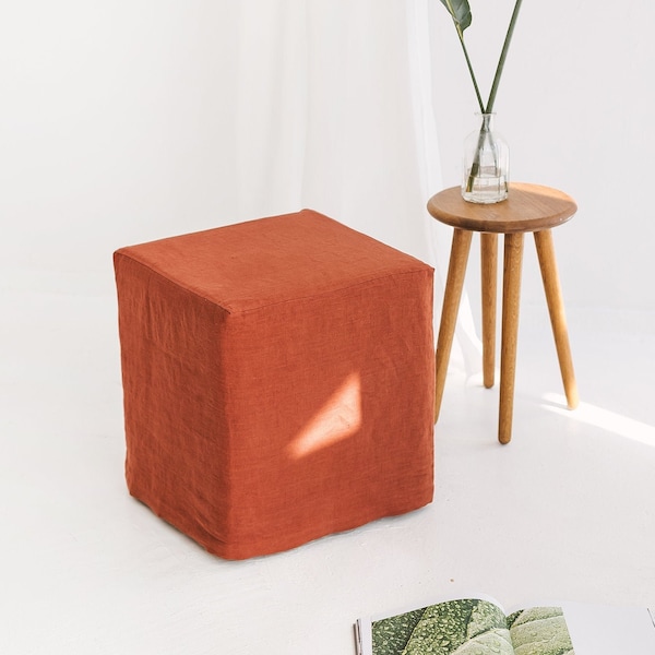 Housse de pouf en lin rouille, housse de pouf en lin sur mesure, housse de pouf carré, housse de pouf en lin orange brûlé, housse de pouf en terre cuite