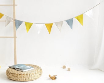 Linen Bunting Garland,Reusable Kids Room Garland,Nursery Wall Garland,Colorful Linen Flag Bunting,Linen Pennant Bunting,Yellow Linen Garland