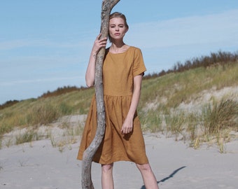 Loose Fit Linen Smock Dress, Ruffled Linen Sundress, Linen Summer Dress