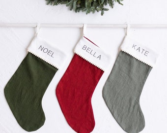 Embroidered Linen Stocking With Pompom Trim, Personalized Christmas Stocking, Linen Christmas Stocking With Names, Farmhouse Stocking Decor