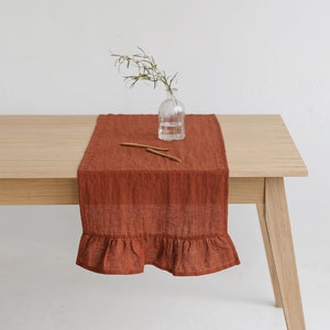 Rusty linen table runner with ruffle, Soft linen table runner, Rustic Christmas linen table decor, Ruffled long linen table runner