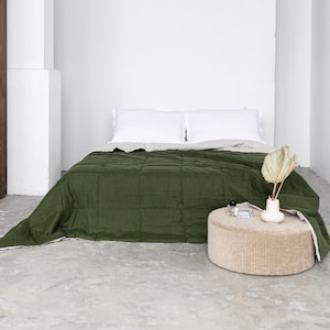 Dark Green Linen Quilted Bedspread, Linen Bedspread, Linen Quilt, Linen Bed Cover, Linen Bed Throw,Queen Linen Coverlet,King Linen Bed Cover