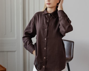 Camisa de lino blanca de gran tamaño, camisa holgada de lino con botones, camisa clásica de lino blanca, camisa informal de lino para mujer, camisa de lino de manga larga