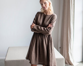 Linen Smock Dress, Ruffled Linen Dress, Long Sleeves Linen Dress, Loose Fit Linen Dress