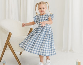 Girls Light Blue Gingham Linen Dress With Ruffles, Gingham Linen Sleeveless Dress, Toddler Linen Boho Dress,Girl's Casual Linen Summer Dress