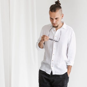 Chemise homme en lin, Chemise d'été en lin blanche pour homme, Chemise en lin oxford avec boutons, Chemise en lin classique pour homme à manches longues