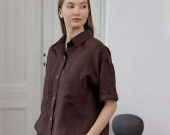Oversized Linen Shirt, Loose Linen Shirt With Buttons, Classic Linen Shirt, Casual Woman Linen Shirt, Short Sleeves Linen Shirt