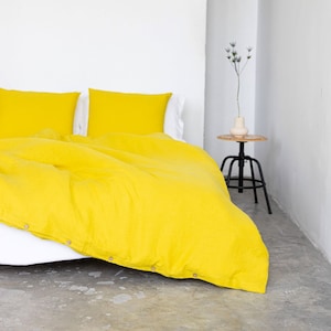 Yellow Linen Queen Duvet Cover and Pillowcases,Chartreuse Linen King Bedding With Buttons,Linen Doona Cover with Shams, Boho Linen Cover Set