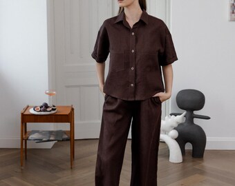 Pantalones de lino de pierna ancha para mujer con bolsillos, pantalones de lino de talle alto con cintura elástica, pantalones de lino marrones, pantalones largos y anchos de lino.