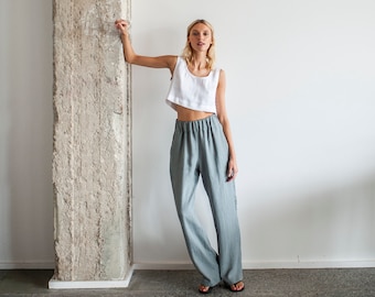 Wide Leg Linen Woman Pants with Pockets, High Waisted Linen Pants With Elastic Waistband, Grey Linen Pants, Long Wide Linen Trousers