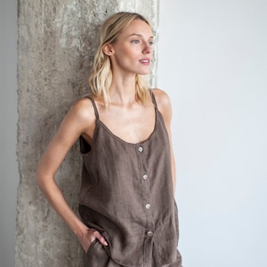 Linen Cami Top With Straps, Linen Slip Top With Buttons, Basic Linen Top, Linen Tank Top, Spaghetti Straps Top, Linen Camisole With Straps