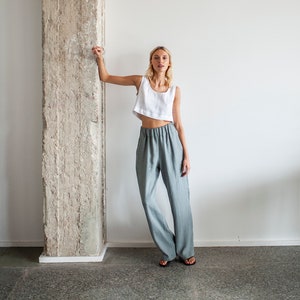 Wide Leg Linen Woman Pants with Pockets, High Waisted Linen Pants With Elastic Waistband, Grey Linen Pants, Long Wide Linen Trousers