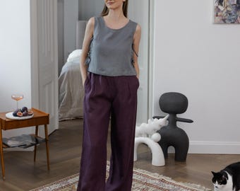 Pantalones de lino de pierna ancha para mujer con bolsillos, pantalones de lino de talle alto con cintura elástica, pantalones de lino color ciruela, pantalones largos y anchos de lino.