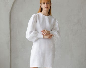 White Linen Puff Sleeve Dress, Minimalist Wedding Gown, Sustainable Bridal Wear