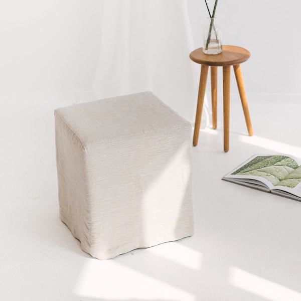 Natural light Linen Ottoman Cover, Custom Size Linen Ottoman Slipcover, Square pouf cover, Natural Linen Pouf Cover, Beige Ottoman cover