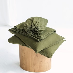Forest Green Linen Sheet Set,Linen Sheets And Pillowcases Set,Set Of Linen Fitted Sheet,Linen Flat Sheet And Two Pillowcases,Linen Top Sheet