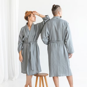 Set Of 2 Linen Bathrobes For Him And Her, Linen Bathrobe For Women and Linen Robe For Men, Long Linen Kimono Bath Robe With Belt