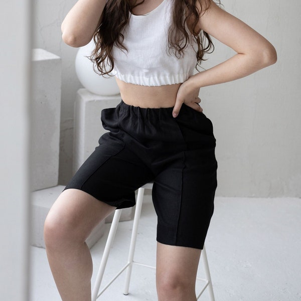 High Waisted Wide Leg Linen Shorts With Crease Line, Black Linen Bermuda Shorts, Creased Linen Shorts With Pockets, Summer Linen Shorts