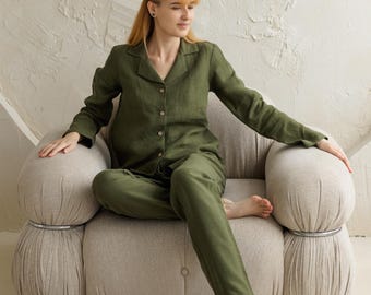 Forest Green Linen Pajama Set, Long Sleeve Two-Piece Loungewear