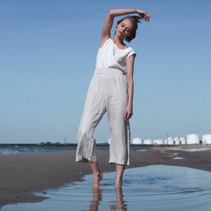 Linen Culottes With Elastic Waistband, Wide Linen Pants with Pockets, Wide Linen Trousers, Wide Leg Linen Trousers, High Waist Linen Pants