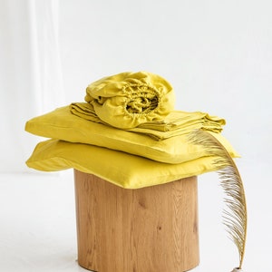 Chartreuse Yellow Linen Sheet Set,Linen Sheets And Pillowcases Set,Set Of Linen Fitted Sheet,Linen Top Sheet