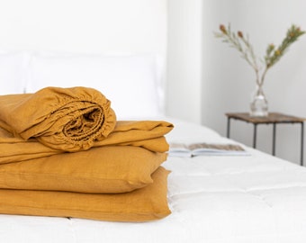 Amber Linen Sheet Set, Linen Sheets And 2 Pillowcases Set,  Set Of Linen Fitted Sheet, Mustard Linen Top Sheet and Two Pillowcovers