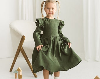 Girls Green Linen Christmas Dress With Buttons And Ribbon, Festive Linen Dress With Long Sleeves, Long Sleeve Green Linen Photoshoot Dress