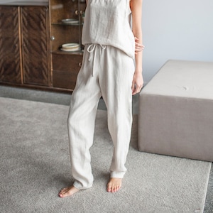 Linen Pajama Pants For Woman, Linen Loungewear Pants, Straight Linen Pants, Beige Linen Pajama Trousers, Long Linen Pants Woman