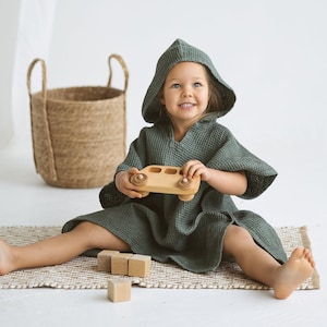 Leinen Strand Poncho Für Kinder, Grüne Leinen Kapuzen Poncho, Mit Kapuze Baby Poncho, Waffel Kapuzen Poncho, Leinen Strandtuch Für Kinder