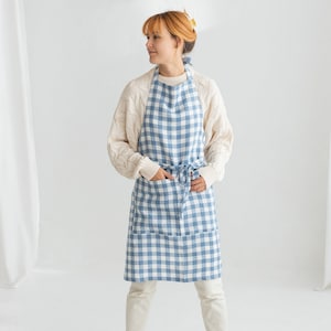 Light Blue Gingham Long Linen Apron With Pockets, Christmas Gift For Her, Full Linen Pottery Pinafore, Kitchen Linen Apron for women and men