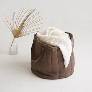 Quilted Linen Laundry Basket, Large Linen Laundry Bag With Handles, Padded Linen Storage Bag,Quilted Linen Organizer,Large Linen Toys Basket