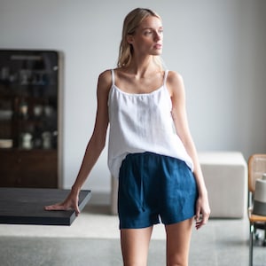 Blue Linen Shorts With Elastic Waist, Loose Linen Shorts, Short Linen Summer Shorts, Women Linen Shorts With Elastic Band