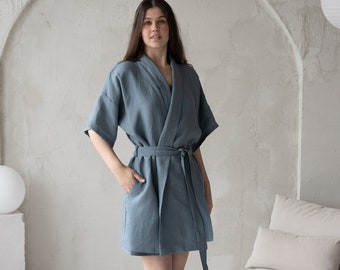 Dusty Blue Linen Bathrobe, Gift for Her Blue Linen Bath Robe, Natural Linen Kimono Bathrobe For Women, Linen Bridesmaid's Robe, Spa Robe