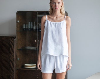 White Linen Pajama Set, Linen Two Piece Pajama Set,Linen Pajama Shorts and Linen Pajama Slip Top,Linen Sleepwear Set,Linen Summer Pajama Set