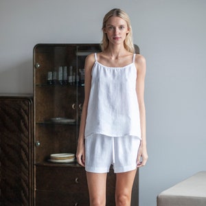 White Linen Pajama Set, Linen Two Piece Pajama Set,Linen Pajama Shorts and Linen Pajama Slip Top,Linen Sleepwear Set,Linen Summer Pajama Set