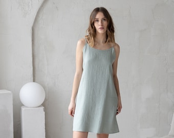 Sage Linen Nightdress, Linen Sleep Dress, Linen Nightgown, Linen nighty, Linen bed gown, Short Linen Slip Dress, Linen Camisole Dress