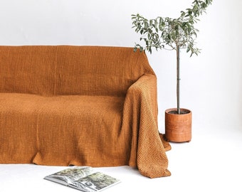 Linen Couch Cover, Waffle Linen Couch Cover, Burnt Orange Linen Slipcover, Terracotta Sofa Cover, Linen Couch Throw, Large Linen Coverlet
