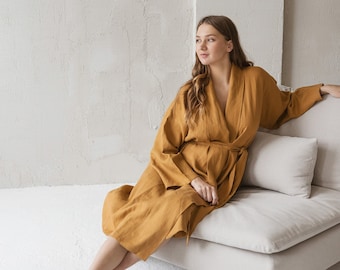 Linen Maternity Bathrobe, Linen Pregnancy Robe, Linen Breastfeeding Robe, Long Linen Kimono Bath Robe With Belt, Linen Dressing Gown