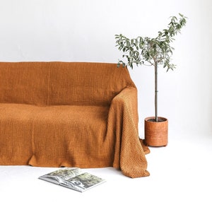 Linen Couch Cover, Waffle Linen Couch Cover, Burnt Orange Linen Slipcover, Terracotta Sofa Cover, Linen Couch Throw, Large Linen Coverlet