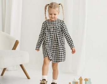 Girls Black Gingham Linen Dress With Buttons, Linen Christmas Dress With Long Sleeves, Toddler Linen Boho Dress, Gingham Linen Girl's Dress