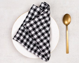 Softened Linen Napkins Set, Black Gingham Linen Napkins, Mitered Corners Linen Napkins, Pure Linen Napkin, Stonewashed Linen Napkins