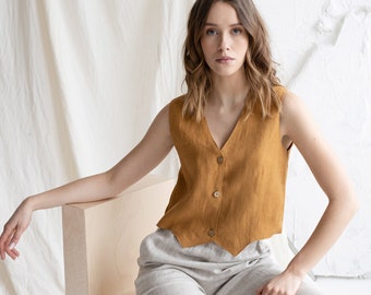 Amber Linen Vest Top, Classic Linen Waistcoat With Buttons, Short Linen Vest, Short Linen Top, Linen Tank Top
