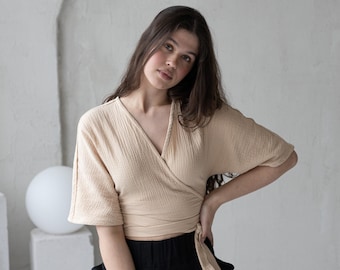 Organic Cotton Wrap Top/ Beige Boho Wrap Top/ Long Sleeve