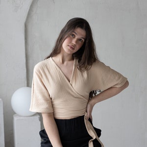 Muslin Wrap Blouse, Gauze Wrap Top, Ivory Wrap Blouse, Cotton Wrapped Top, Muslin Wrapped Blouse