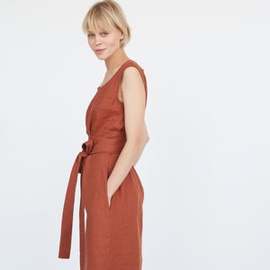 Terracotta Linen Midi Dress, Tie Belt Linen Dress, Natural Rusty Linen Summer Dress, Rust Elegant Linen Dress, Linen Coctail Dress