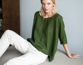 Dark green Linen Blouse, Oversized Linen Top, Green Linen Tunic, Drop shoulder blouse