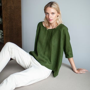 Dark green Linen Blouse, Oversized Linen Top, Green Linen Tunic, Drop shoulder blouse