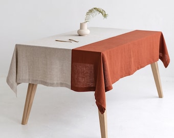 Color Block Rusty Linen Tablecloth, Rust Soft Linen Tablecloth, Two colors Linen Table Cloth, Natural Table Linens Sustainable Gift
