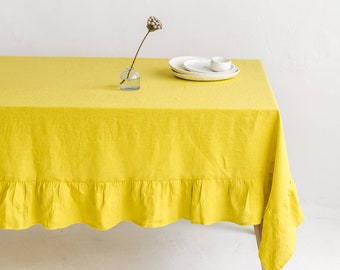 Yellow Linen Tablecloth With Ruffle, Ruffled Linen Table Cloth for Wedding,Custom Size Linen Table Cover,Extra Large Linen Ruffle Tablecloth